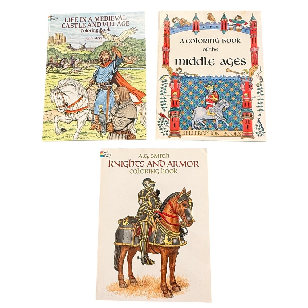 Vintage Medieval Knights Castle Armor Coloring Books Dover Bellerophon Lot of 3
